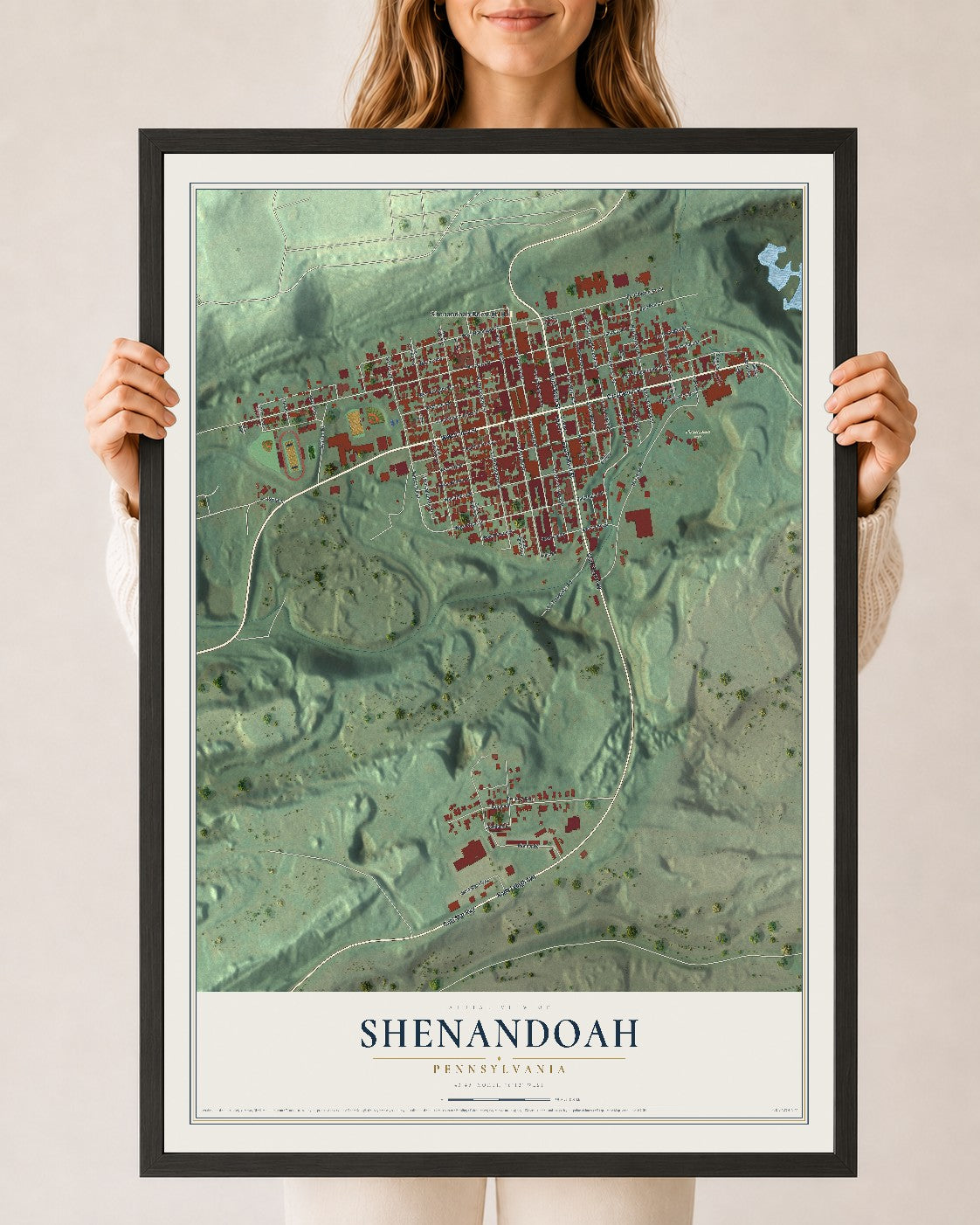 Map of Shenandoah, Pennsylvania, 24 x 36 inch print in a black wood frame