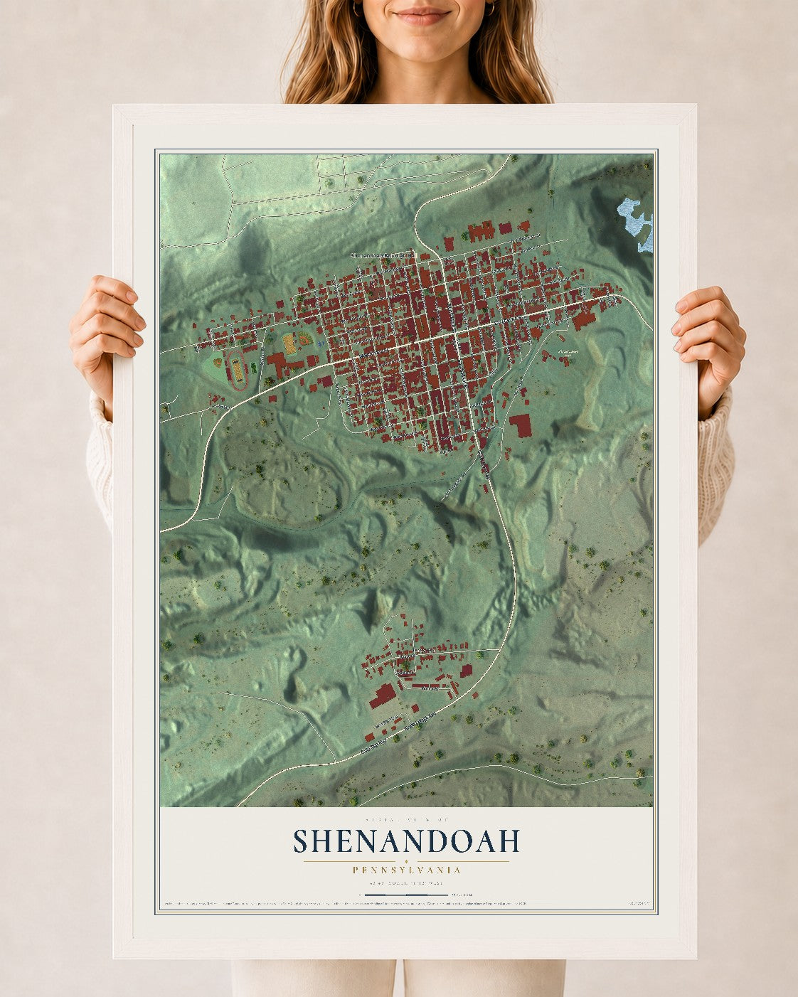 Map of Shenandoah, Pennsylvania, 24 x 36 inch print in a white wood frame