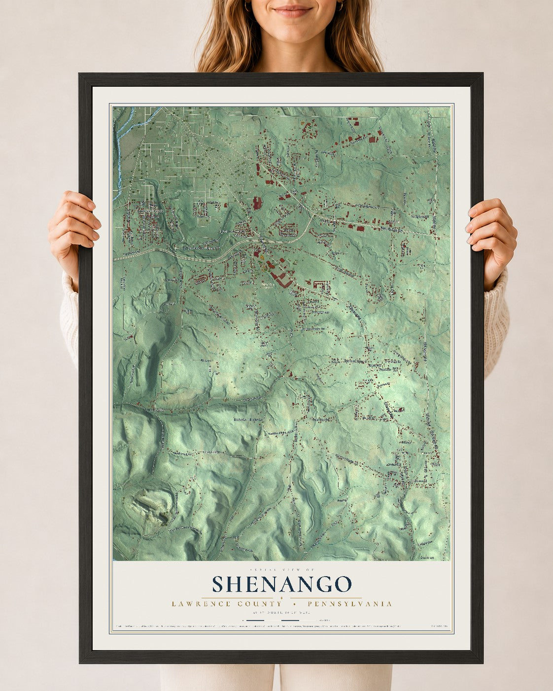 Map of Shenango, Lawrence County, Pennsylvania, 24 x 36 inch print in a black wood frame