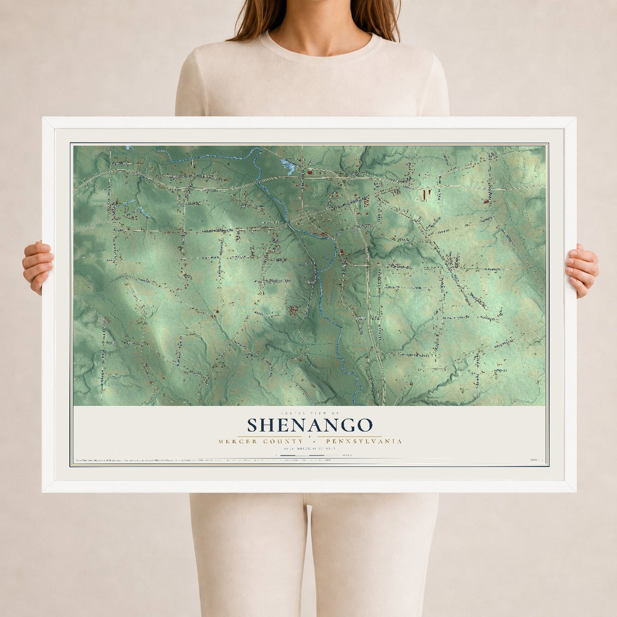 Map of Shenango, Mercer County, Pennsylvania, 24 x 36 inch print in a white wood frame