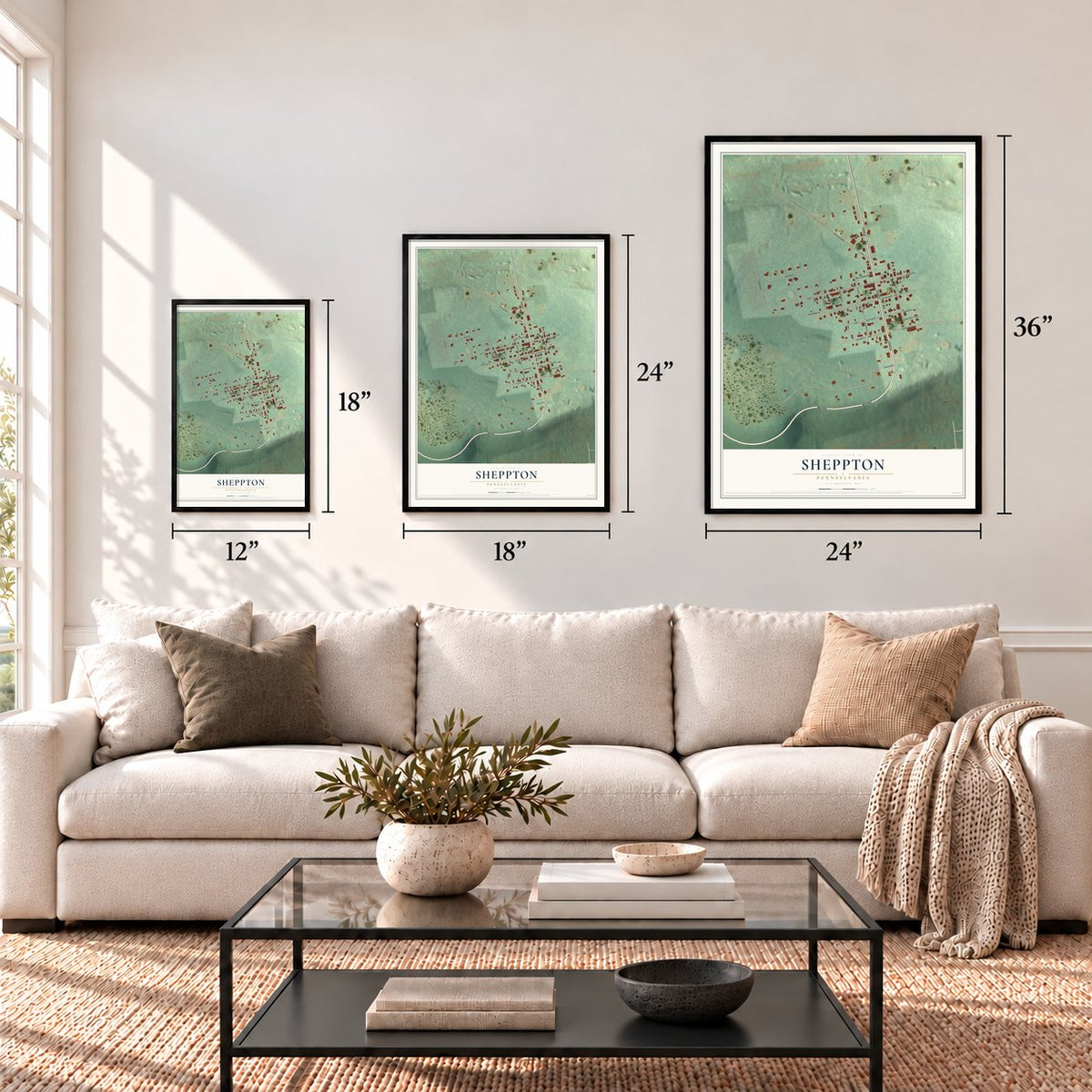 Sheppton, Pennsylvania map in 12 x 18, 18 x 24 and 24 x 36 inch sizes above a sofa