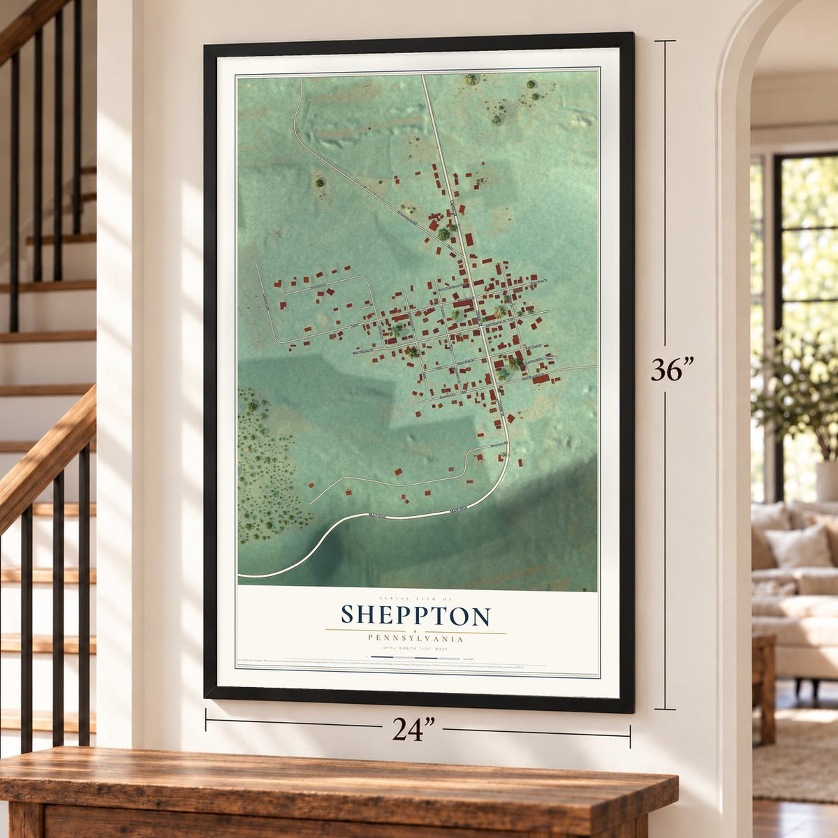 Sheppton, Pennsylvania map, 24 x 36 inch print in a black frame by a staircase