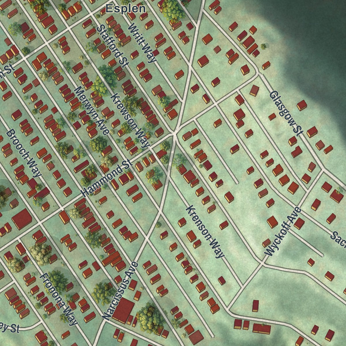 Second close-up of the map of Sheraden, Pennsylvania print showing more streets and buildings