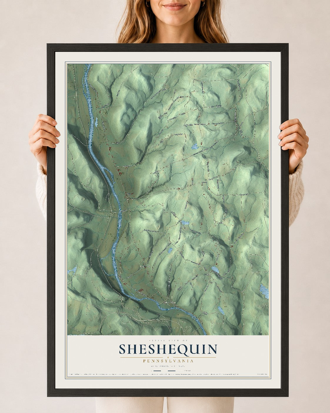 Map of Sheshequin, Pennsylvania, 24 x 36 inch print in a black wood frame