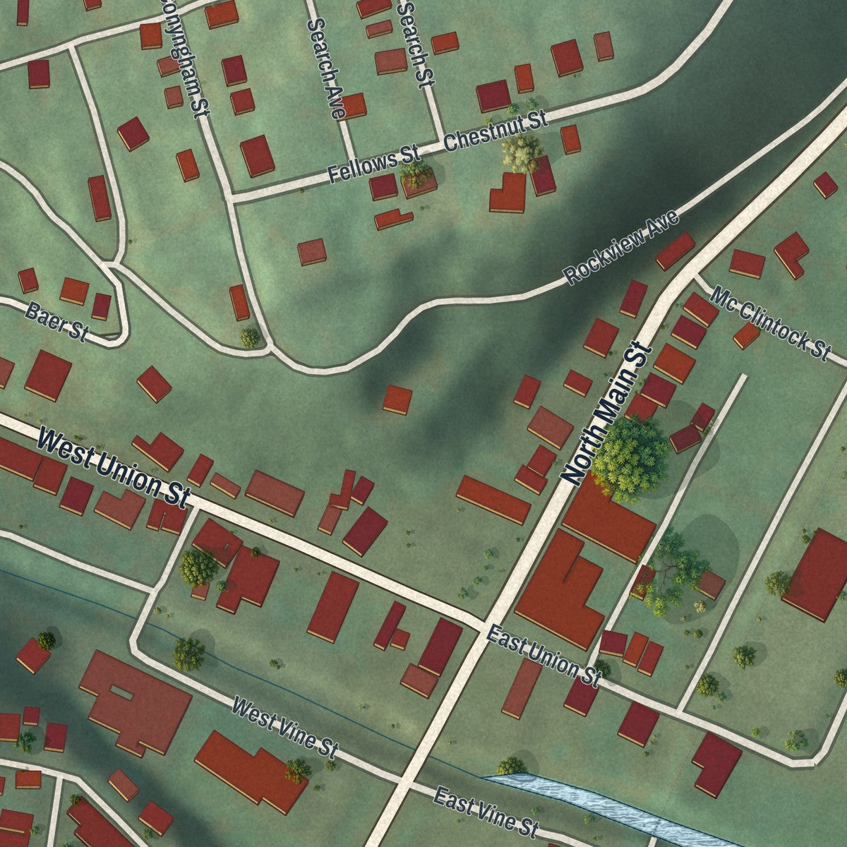 Close-up of the map of Shickshinny, Pennsylvania print showing street and building detail