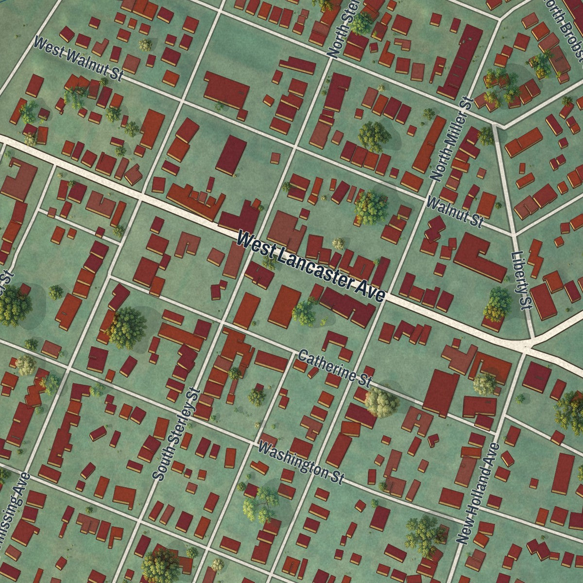 Close-up of the map of Shillington, Pennsylvania print showing street and building detail