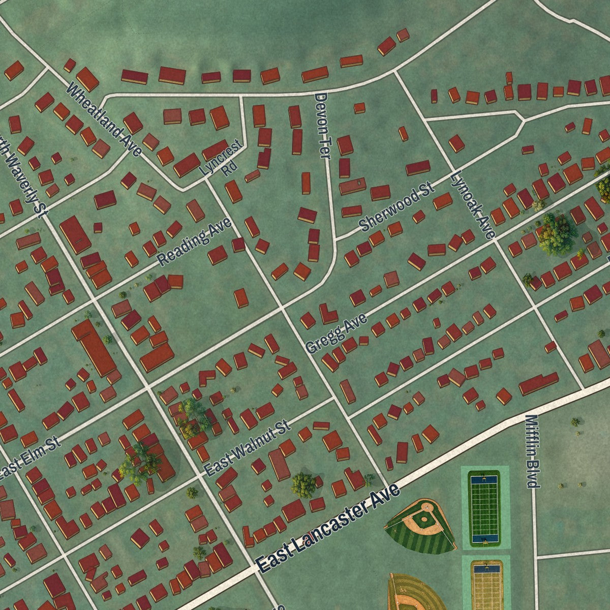 Second close-up of the map of Shillington, Pennsylvania print showing more streets and buildings