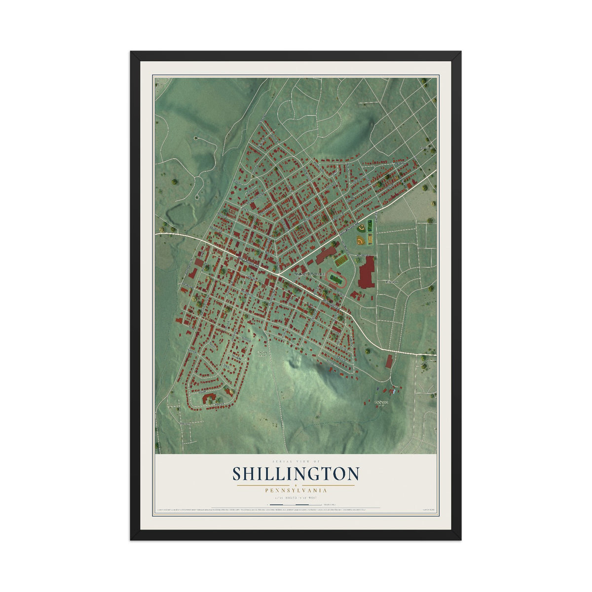 Map of Shillington, Pennsylvania, 12 x 18 inch print in a black wood frame