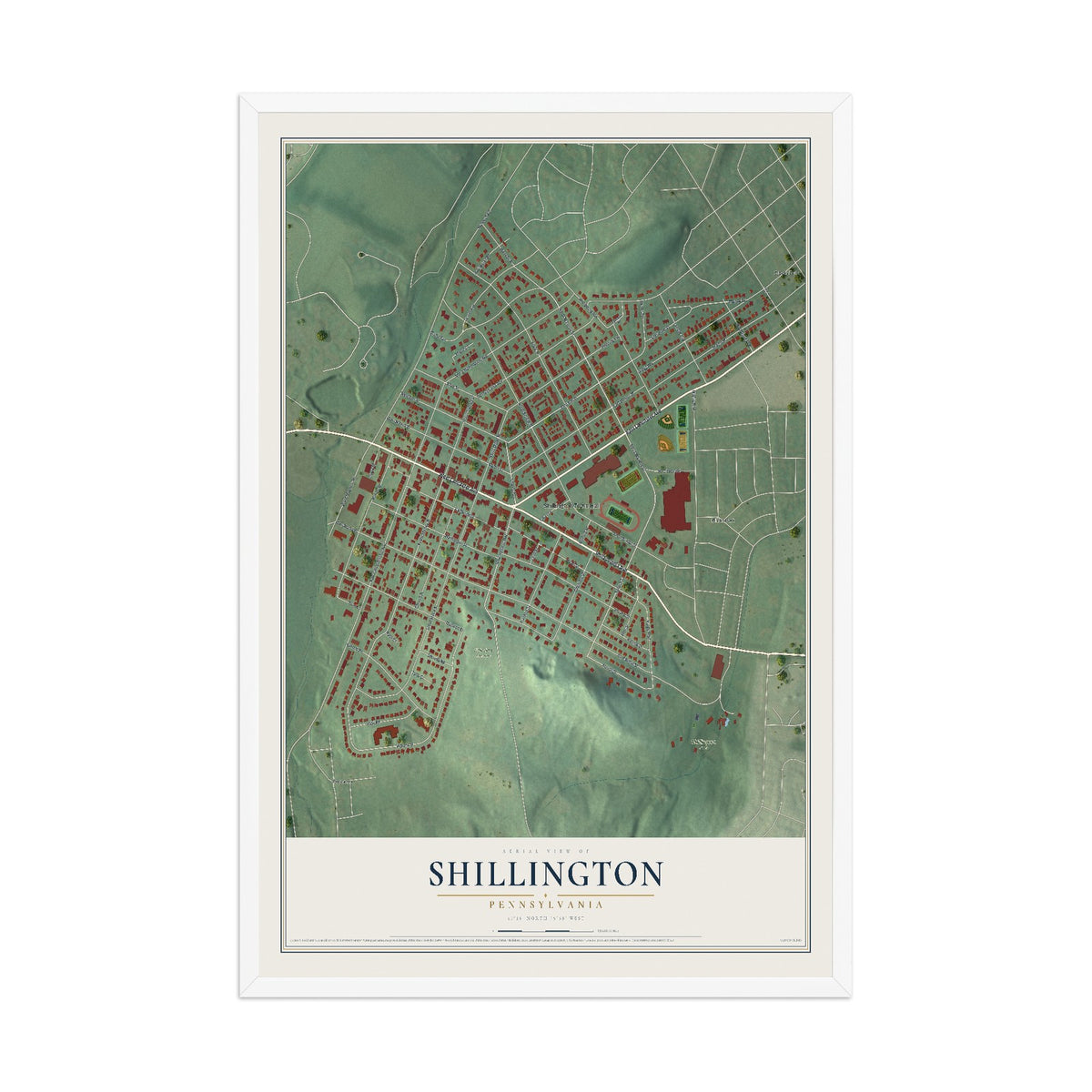 Map of Shillington, Pennsylvania, 12 x 18 inch print in a white wood frame