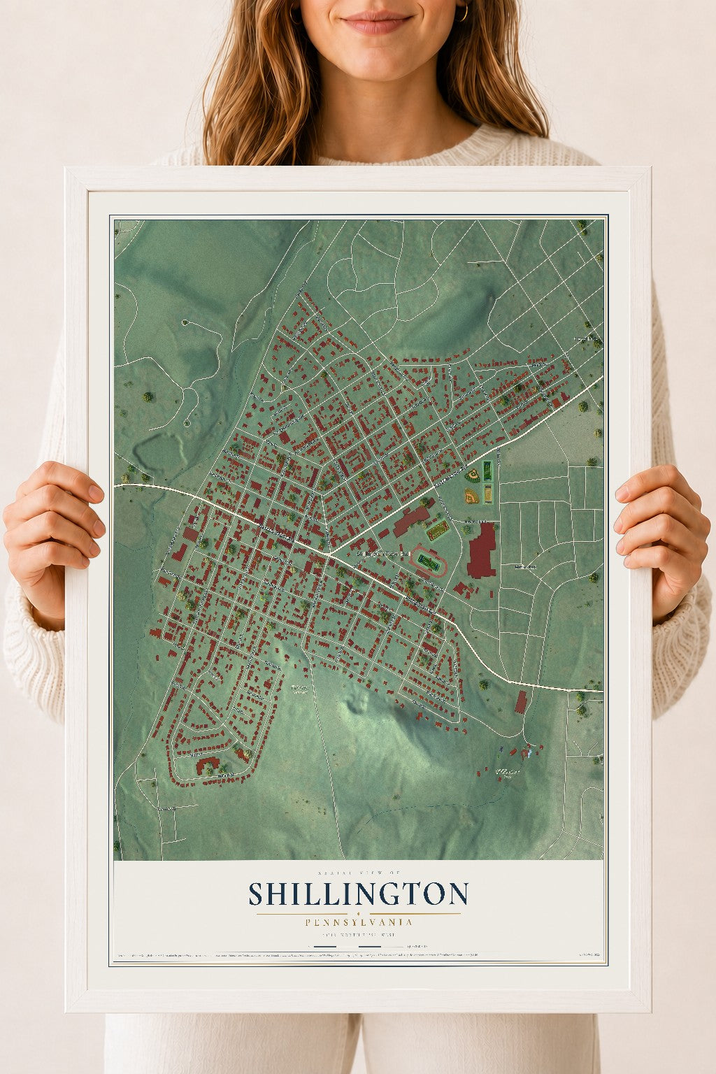 Map of Shillington, Pennsylvania, 18 x 24 inch print in a white wood frame