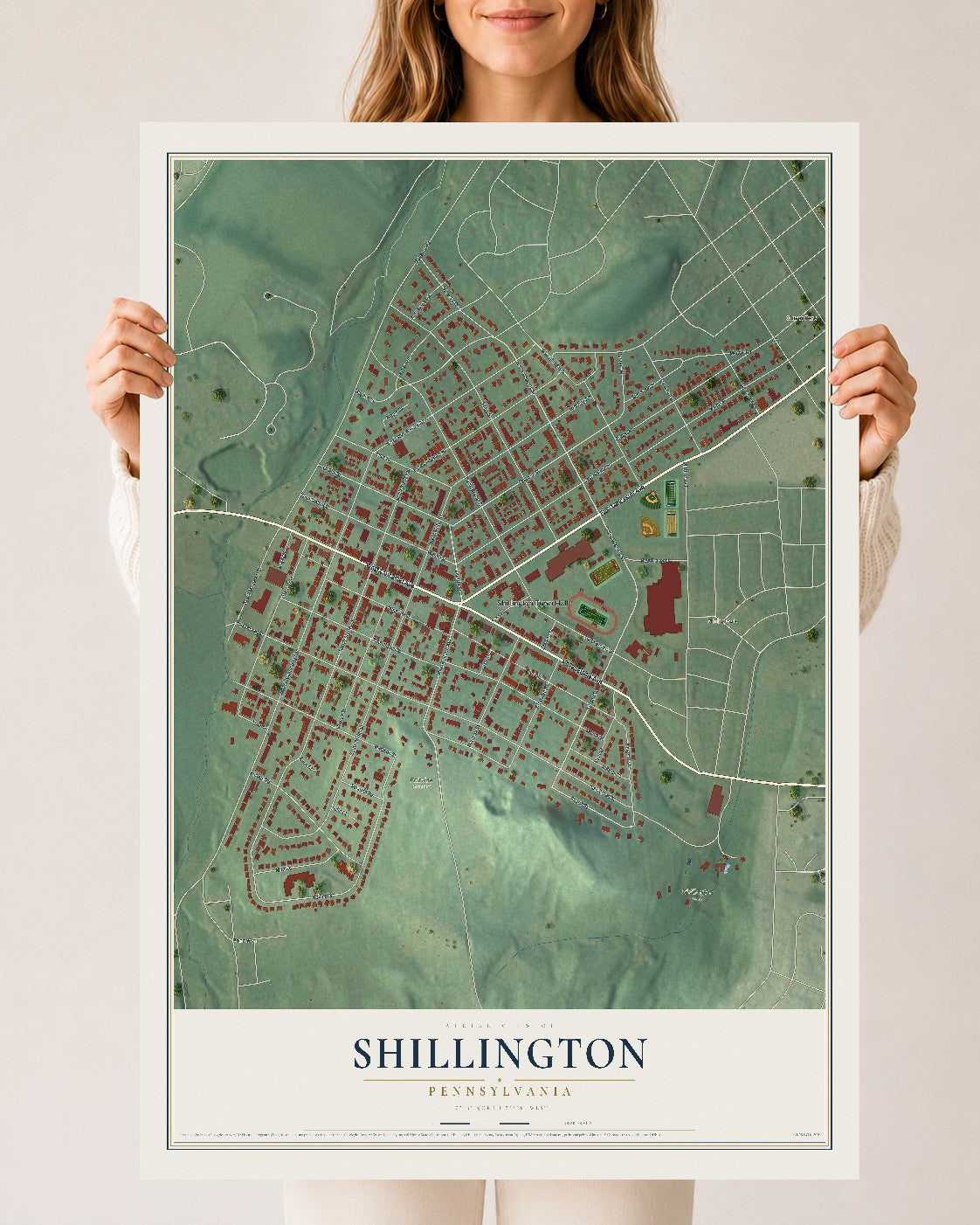 Map of Shillington, Pennsylvania, 24 x 36 inch unframed archival matte print