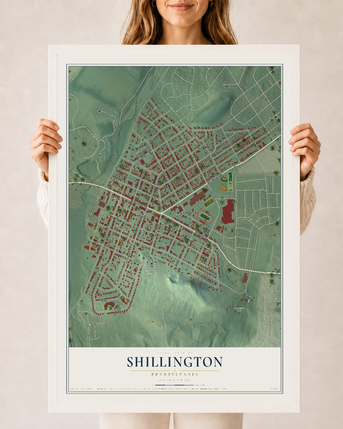 Map of Shillington, Pennsylvania, 24 x 36 inch print in a white wood frame