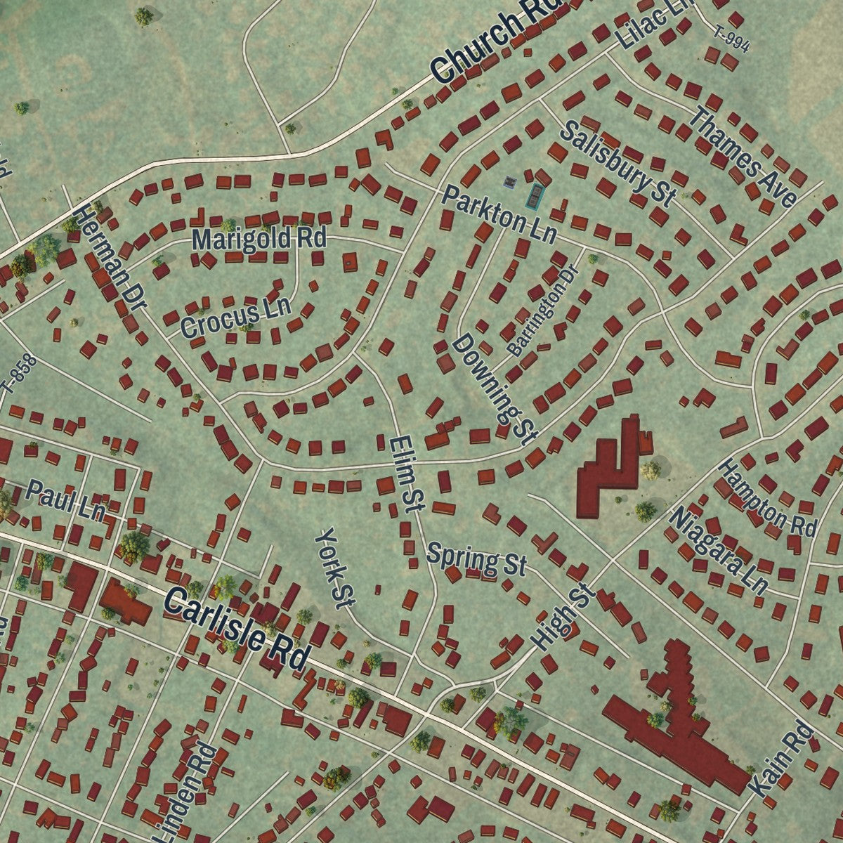 Close-up of the map of Shiloh, Pennsylvania print showing street and building detail