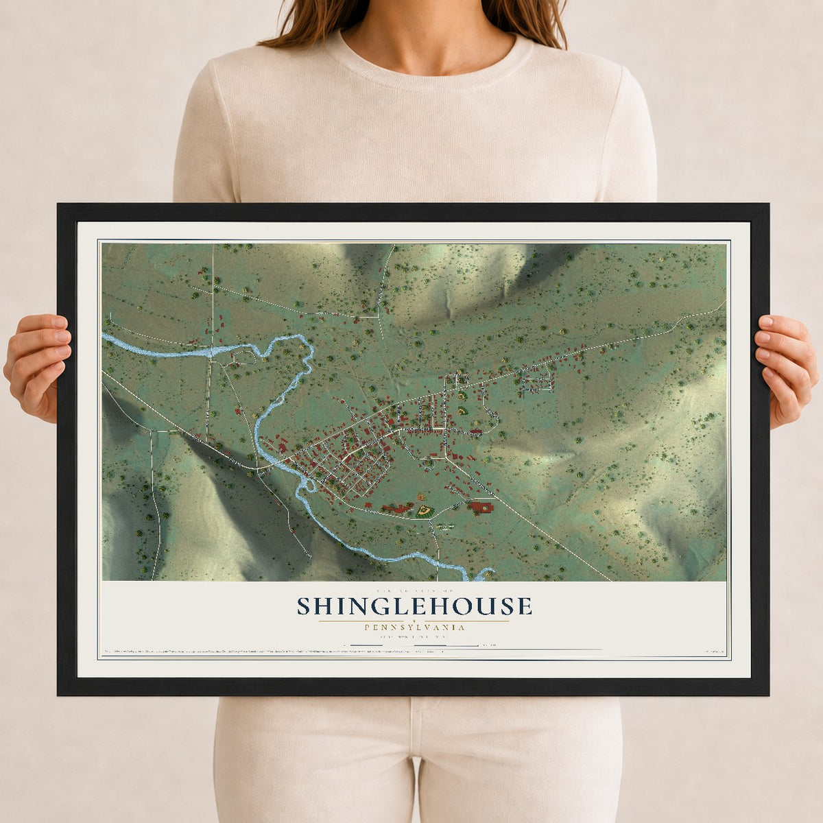 Map of Shinglehouse, Pennsylvania, 12 x 18 inch print in a black wood frame