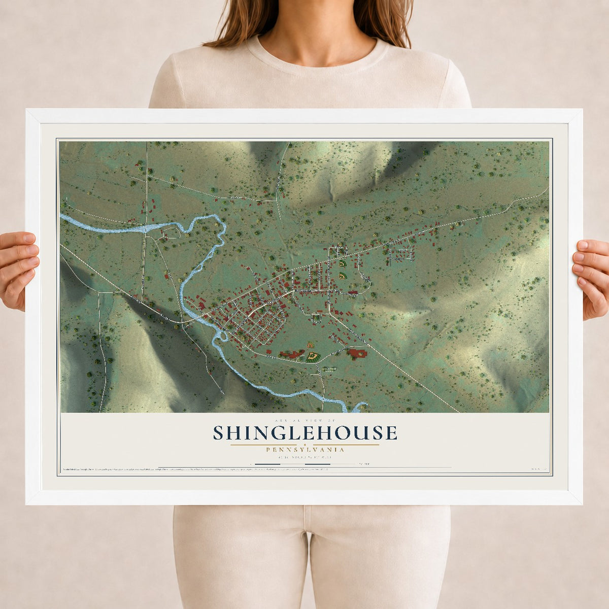 Map of Shinglehouse, Pennsylvania, 18 x 24 inch print in a white wood frame