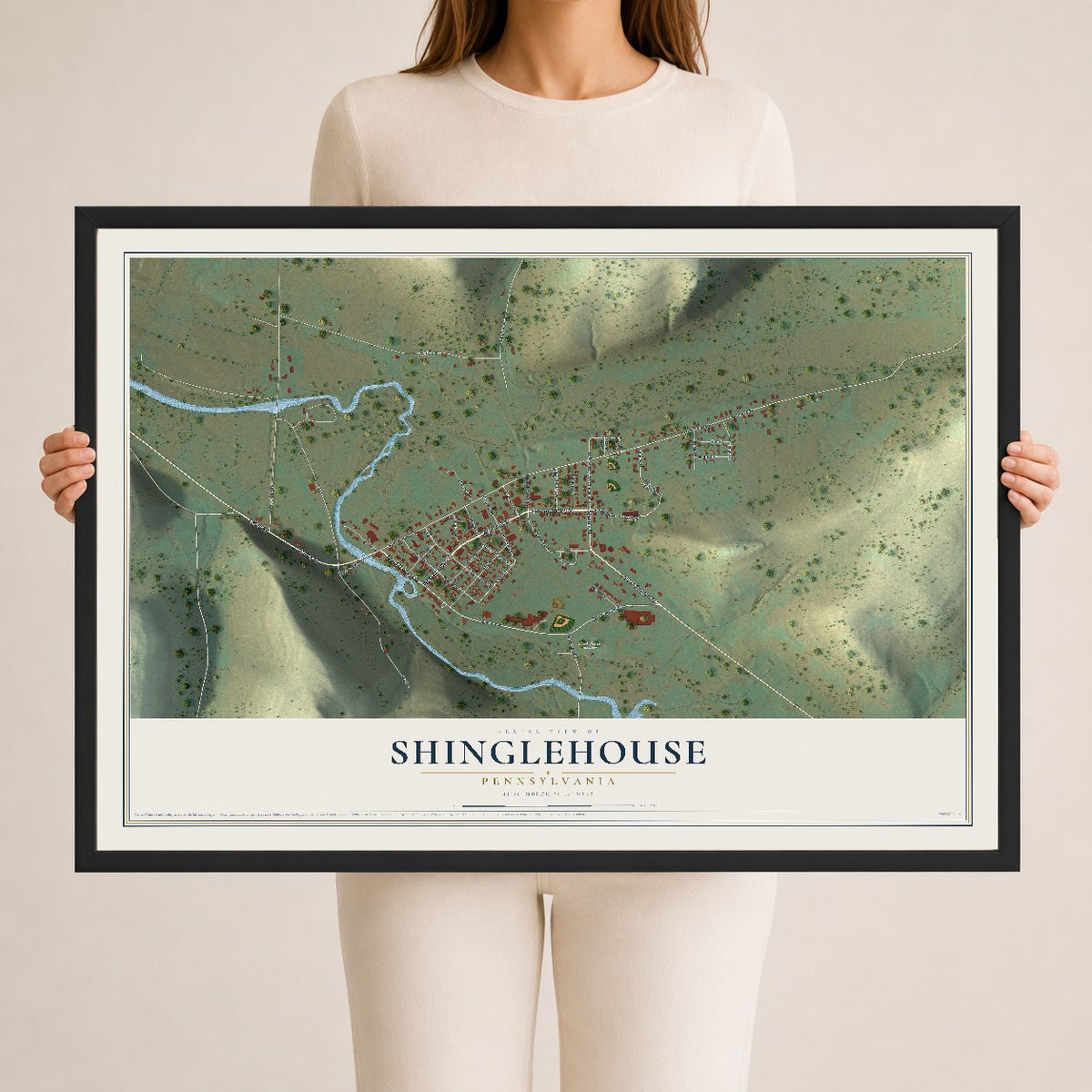 Map of Shinglehouse, Pennsylvania, 24 x 36 inch print in a black wood frame