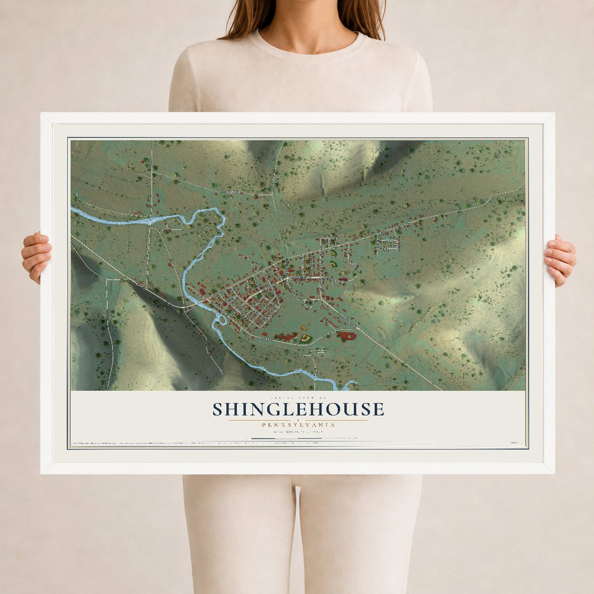 Map of Shinglehouse, Pennsylvania, 24 x 36 inch print in a white wood frame