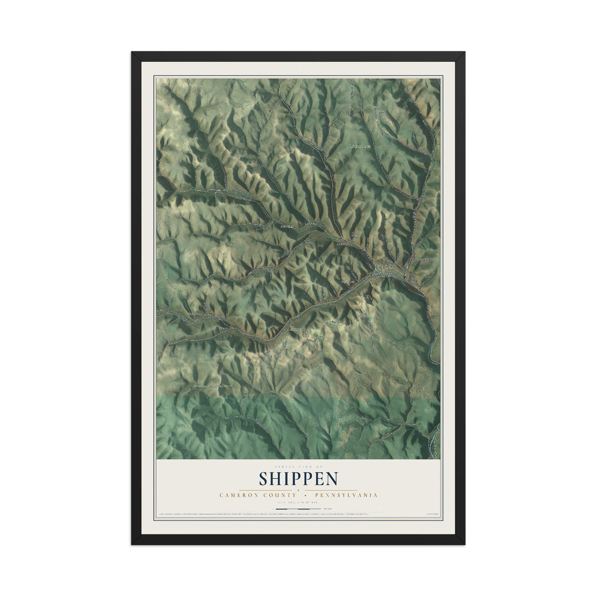 Map of Shippen, Cameron County, Pennsylvania, 12 x 18 inch print in a black wood frame
