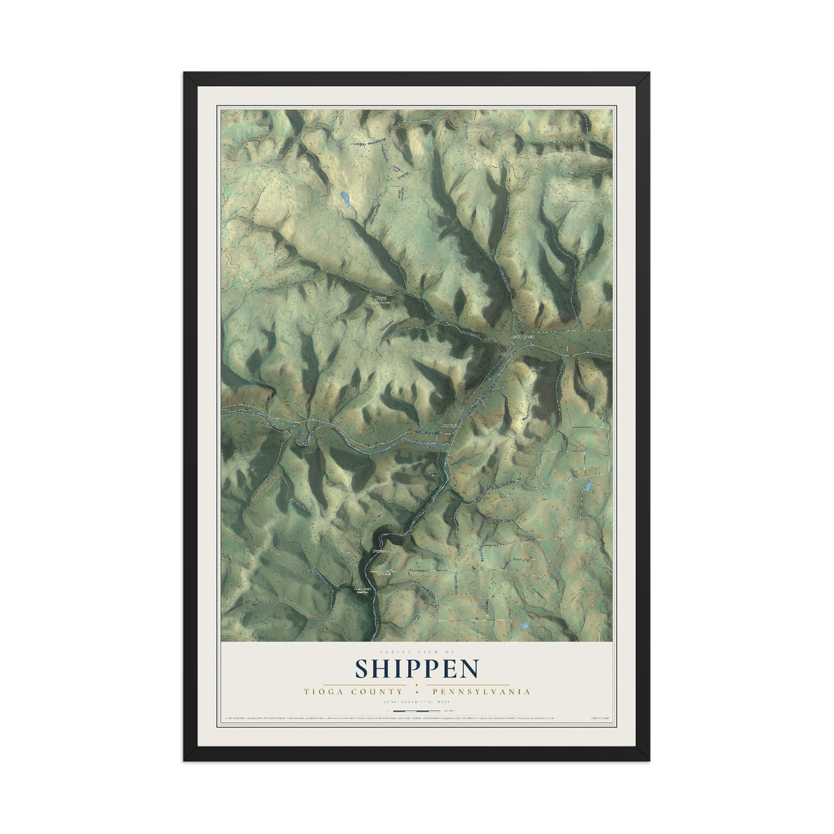 Map of Shippen, Tioga County, Pennsylvania, 12 x 18 inch print in a black wood frame