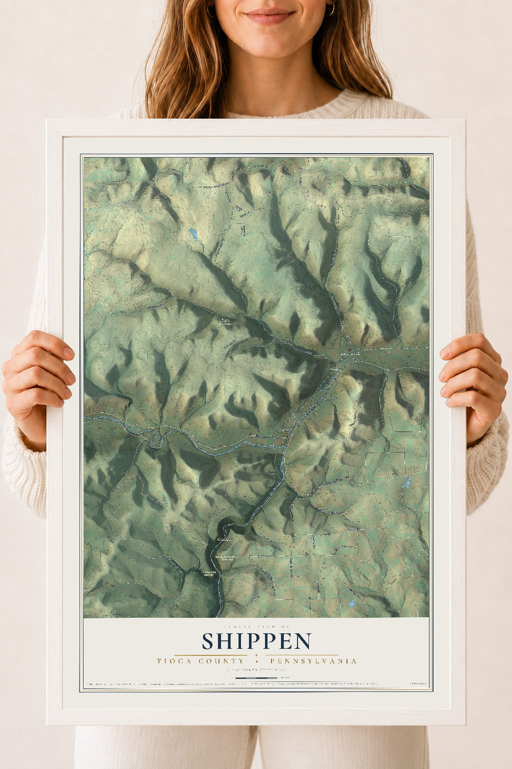 Map of Shippen, Tioga County, Pennsylvania, 18 x 24 inch print in a white wood frame