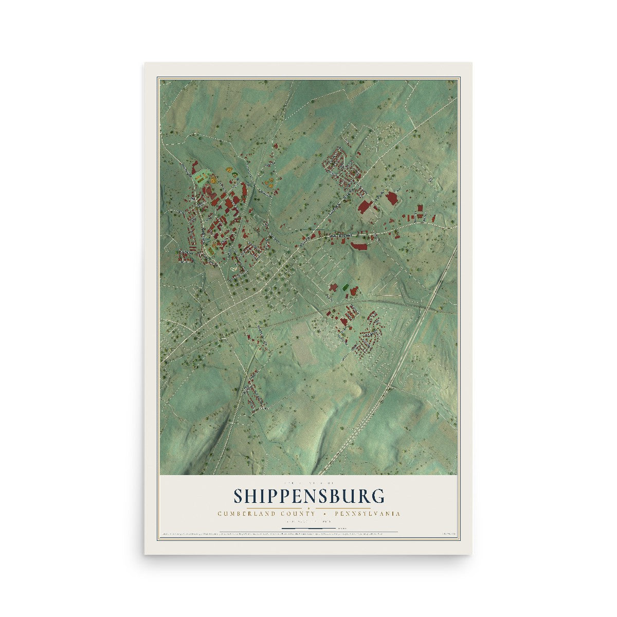 Map of Shippensburg, Cumberland County, Pennsylvania, 12 x 18 inch unframed archival matte print