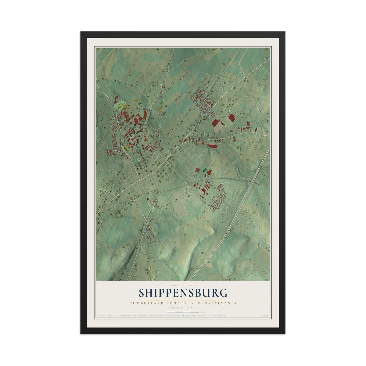 Map of Shippensburg, Cumberland County, Pennsylvania, 12 x 18 inch print in a black wood frame