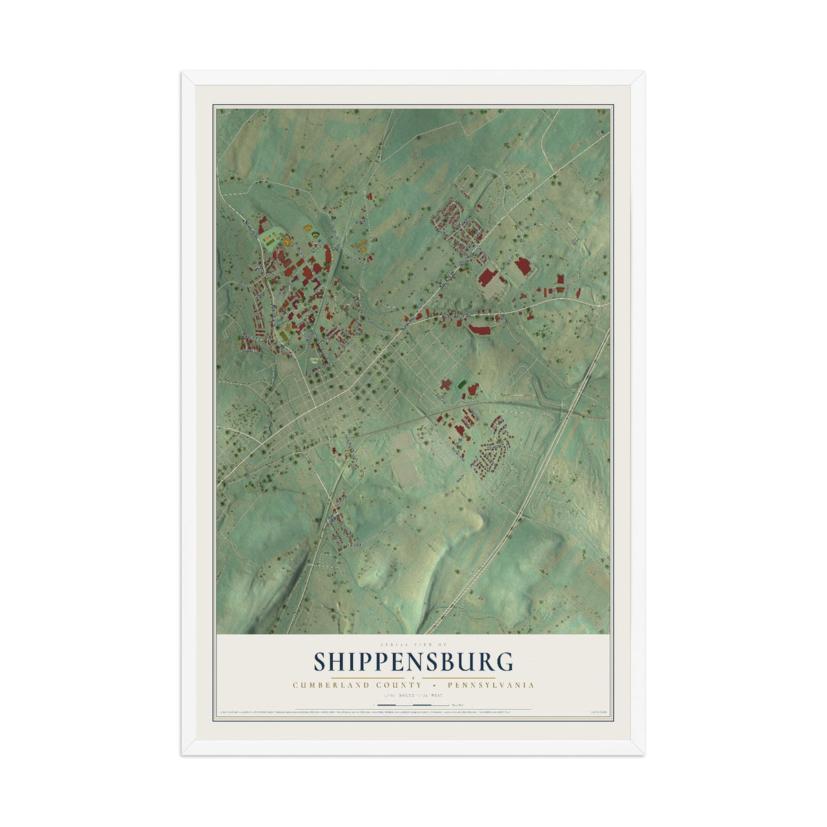 Map of Shippensburg, Cumberland County, Pennsylvania, 12 x 18 inch print in a white wood frame