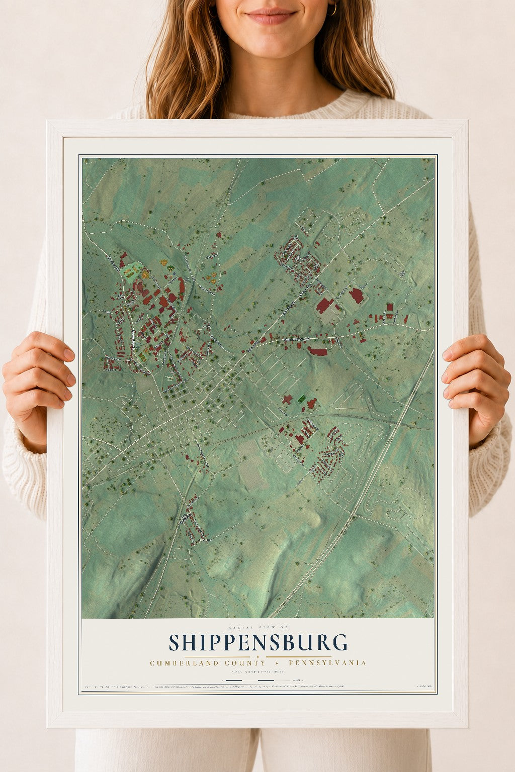 Map of Shippensburg, Cumberland County, Pennsylvania, 18 x 24 inch print in a white wood frame