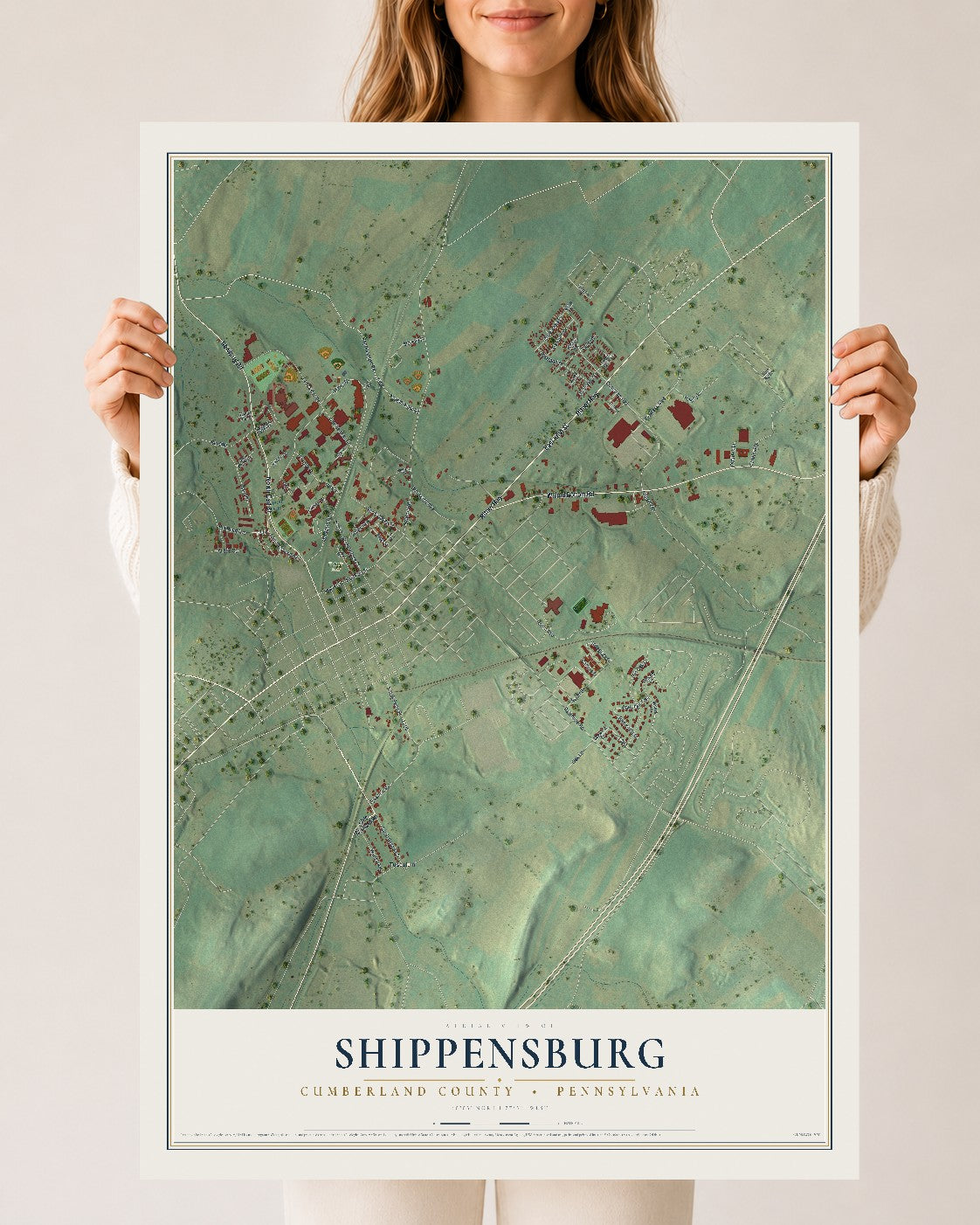 Map of Shippensburg, Cumberland County, Pennsylvania, 24 x 36 inch unframed archival matte print