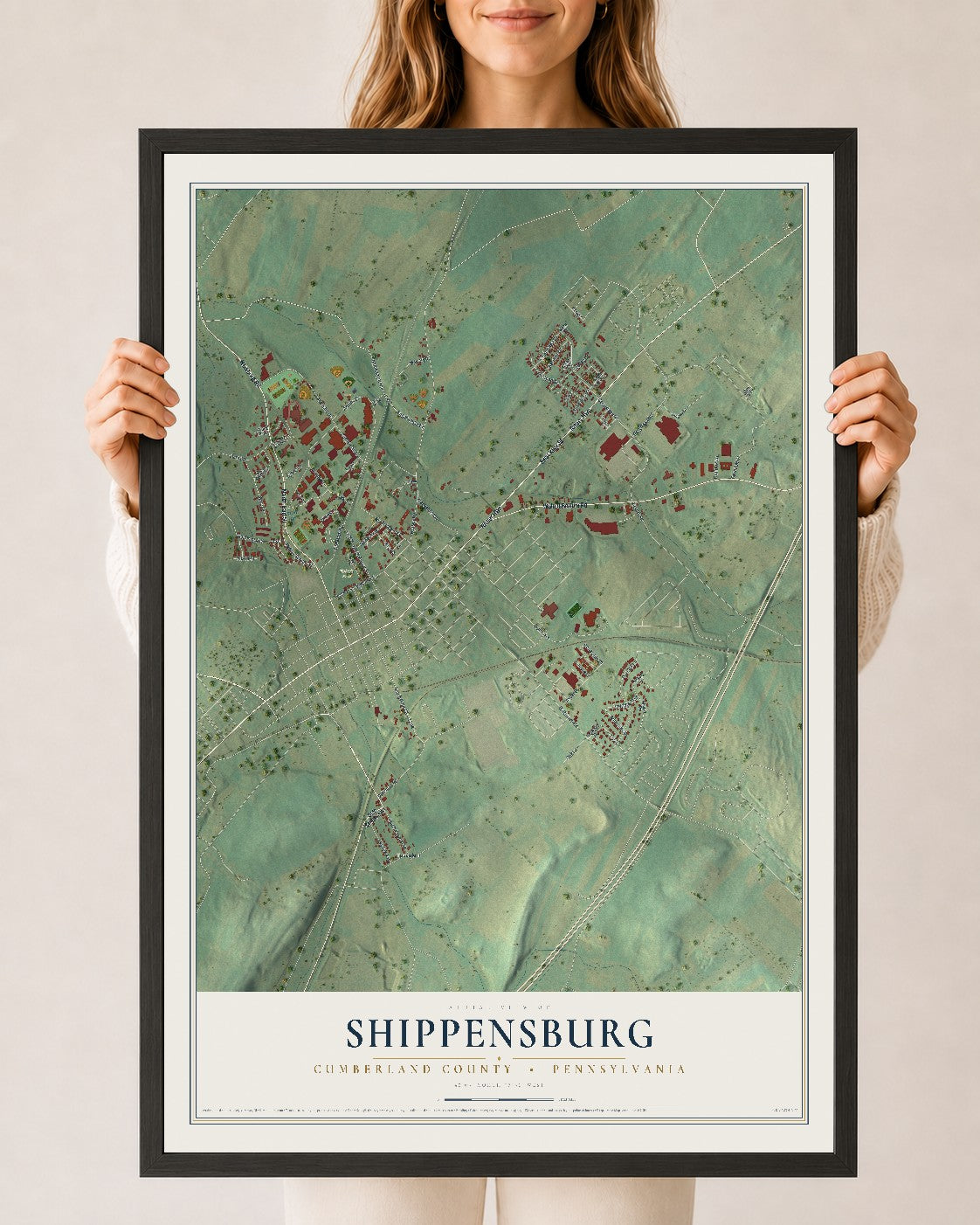 Map of Shippensburg, Cumberland County, Pennsylvania, 24 x 36 inch print in a black wood frame
