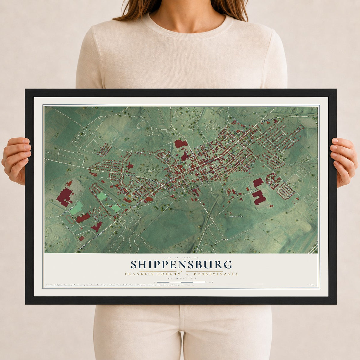 Map of Shippensburg, Franklin County, Pennsylvania, 12 x 18 inch print in a black wood frame