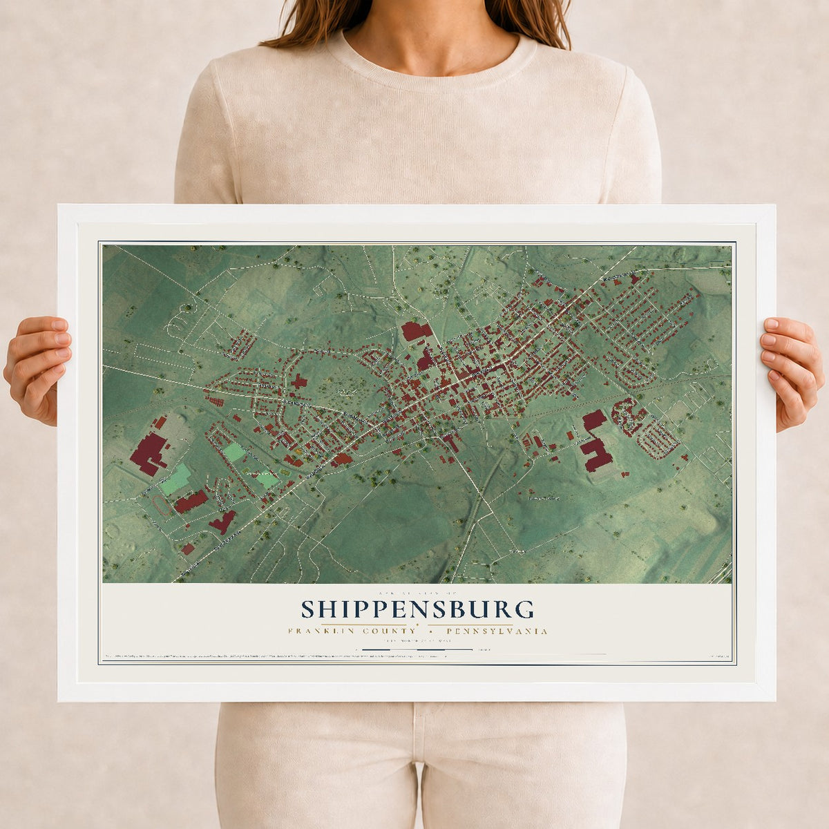 Map of Shippensburg, Franklin County, Pennsylvania, 12 x 18 inch print in a white wood frame