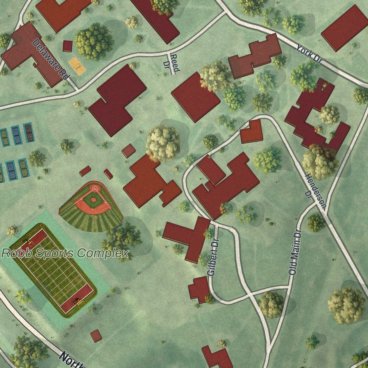 Close-up of the map of Shippensburg University, Pennsylvania print showing street and building detail