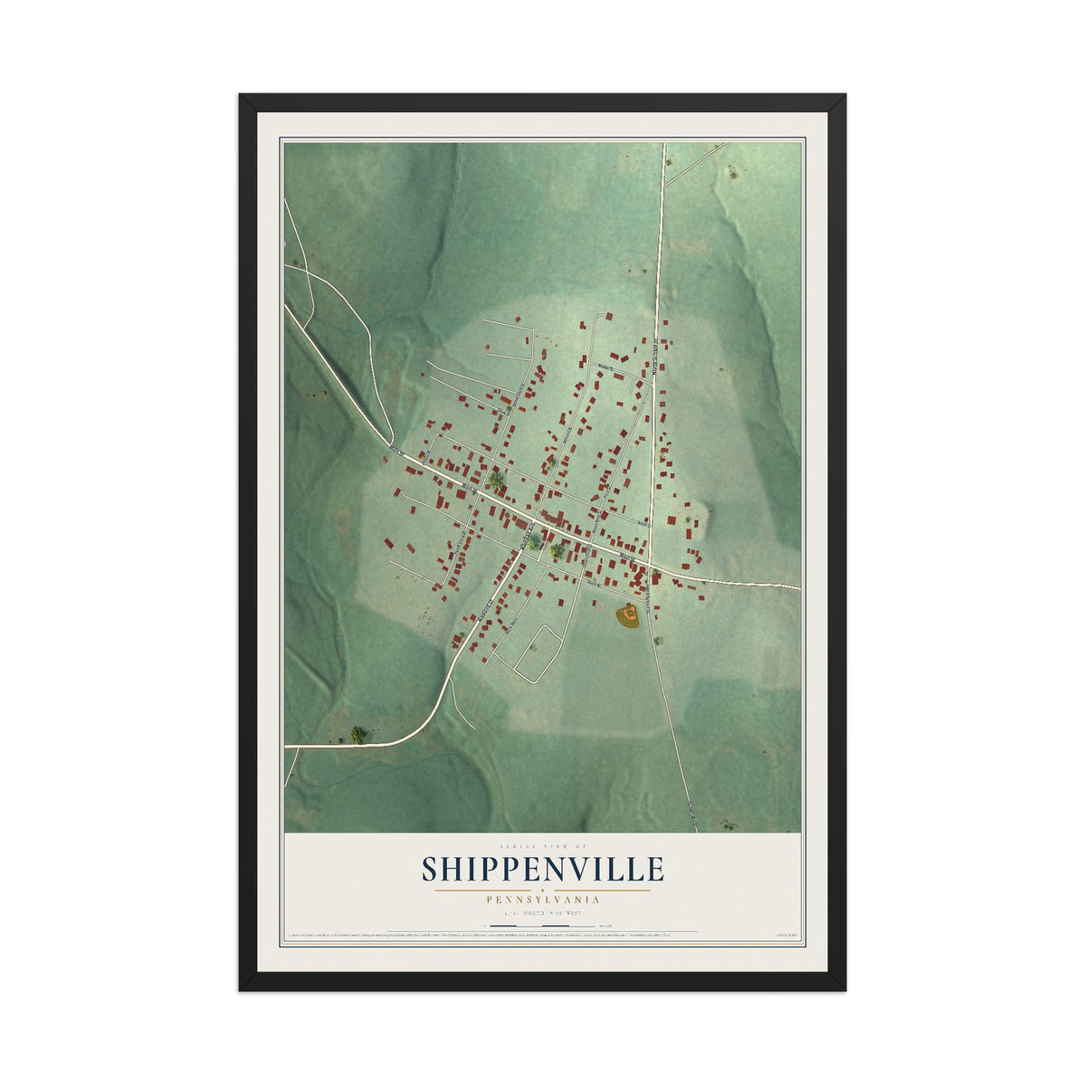 Map of Shippenville, Pennsylvania, 12 x 18 inch print in a black wood frame