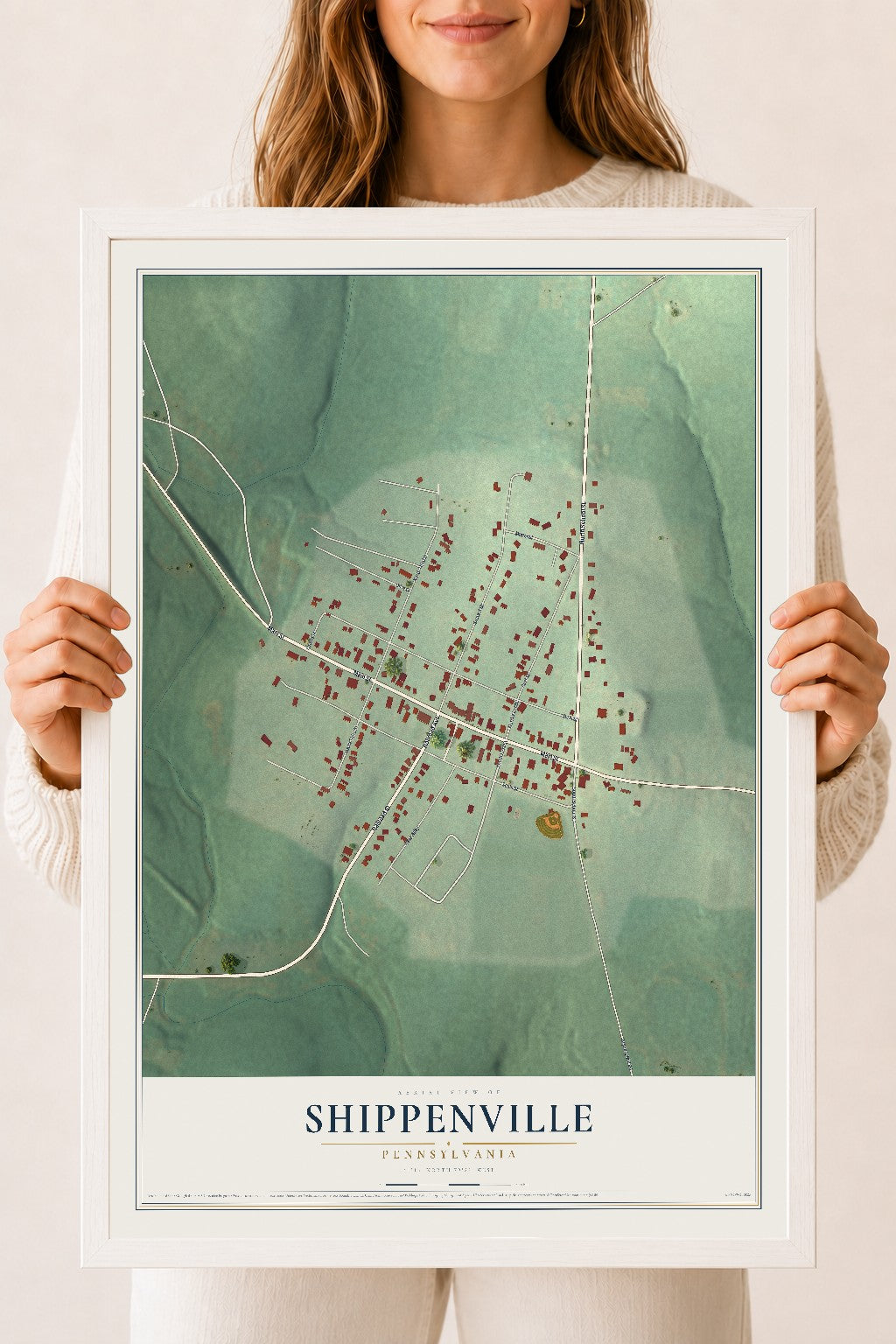 Map of Shippenville, Pennsylvania, 18 x 24 inch print in a white wood frame