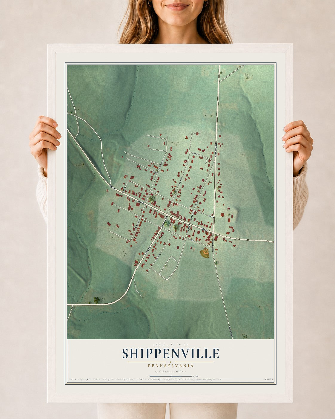 Map of Shippenville, Pennsylvania, 24 x 36 inch print in a white wood frame