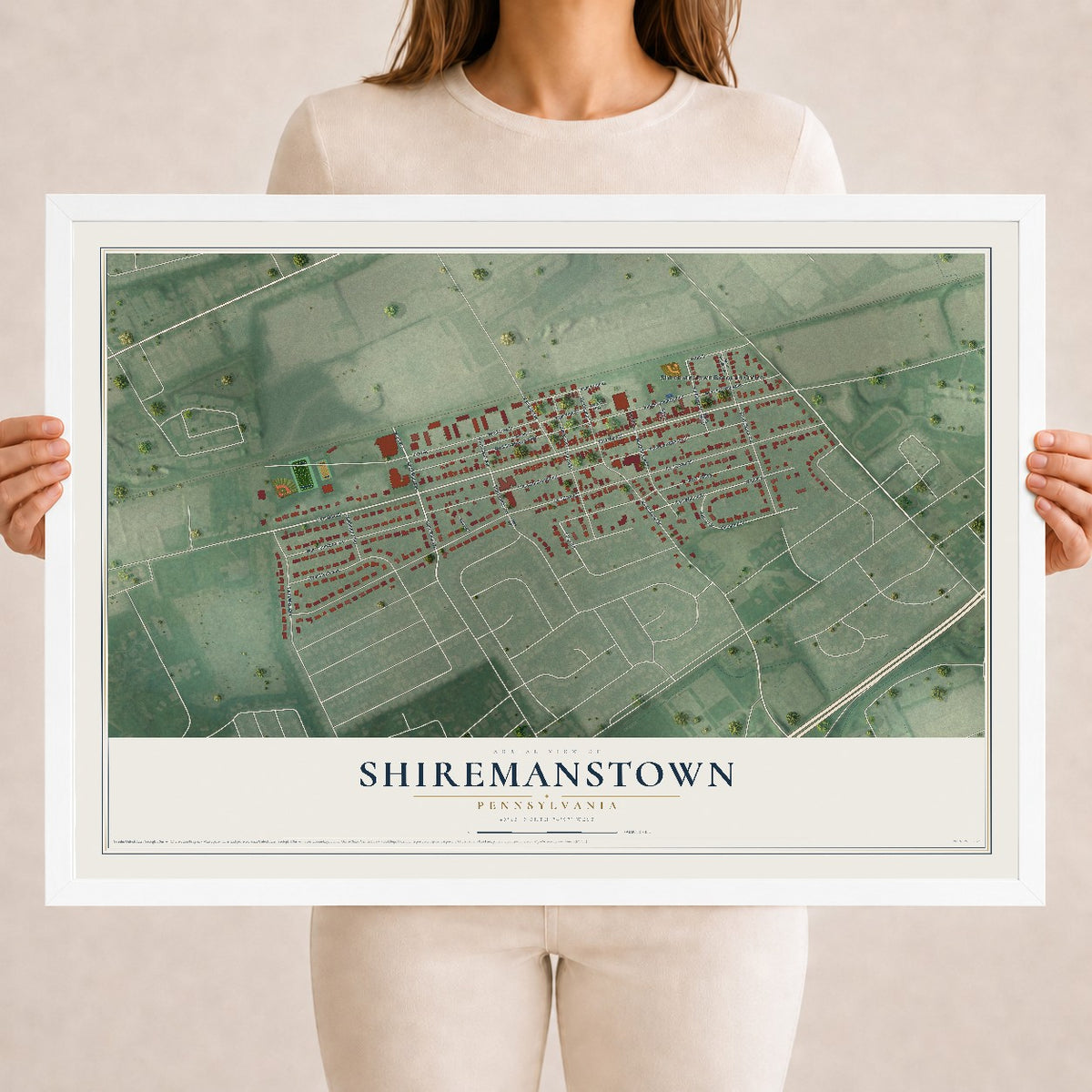 Map of Shiremanstown, Pennsylvania, 18 x 24 inch print in a white wood frame