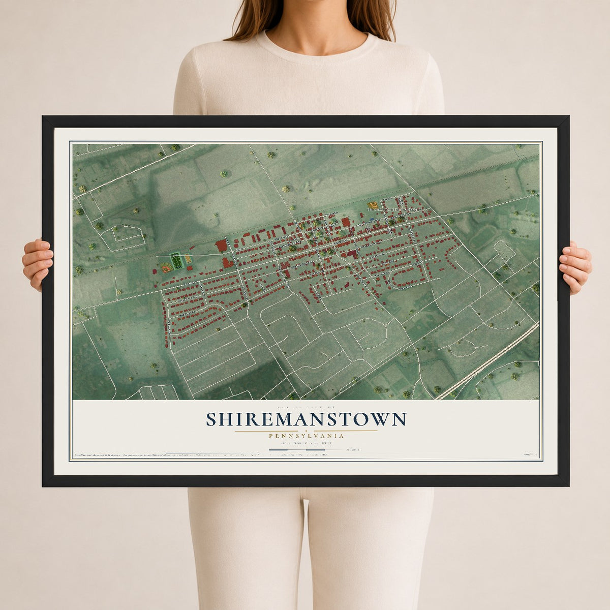 Map of Shiremanstown, Pennsylvania, 24 x 36 inch print in a black wood frame