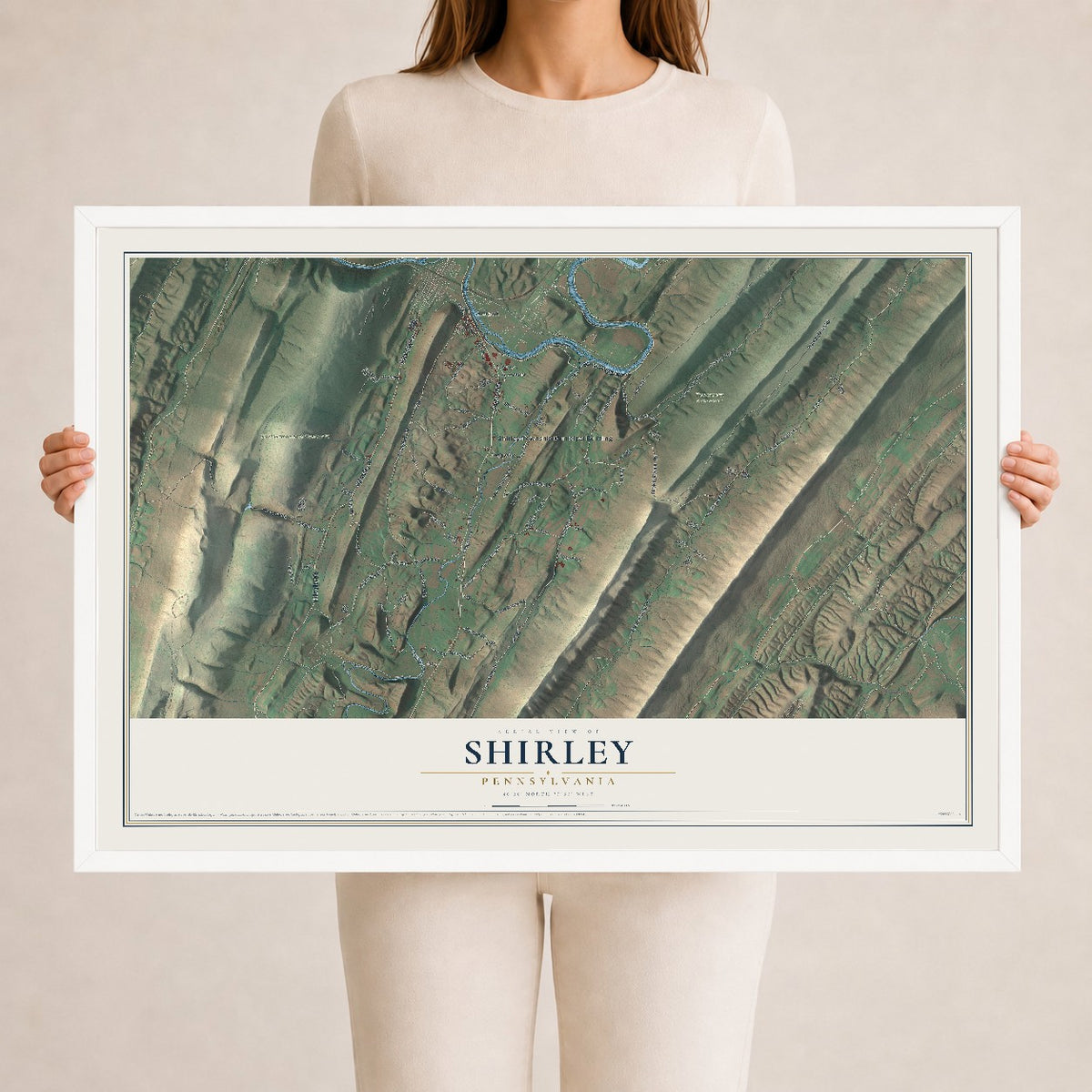 Map of Shirley, Pennsylvania, 24 x 36 inch print in a white wood frame