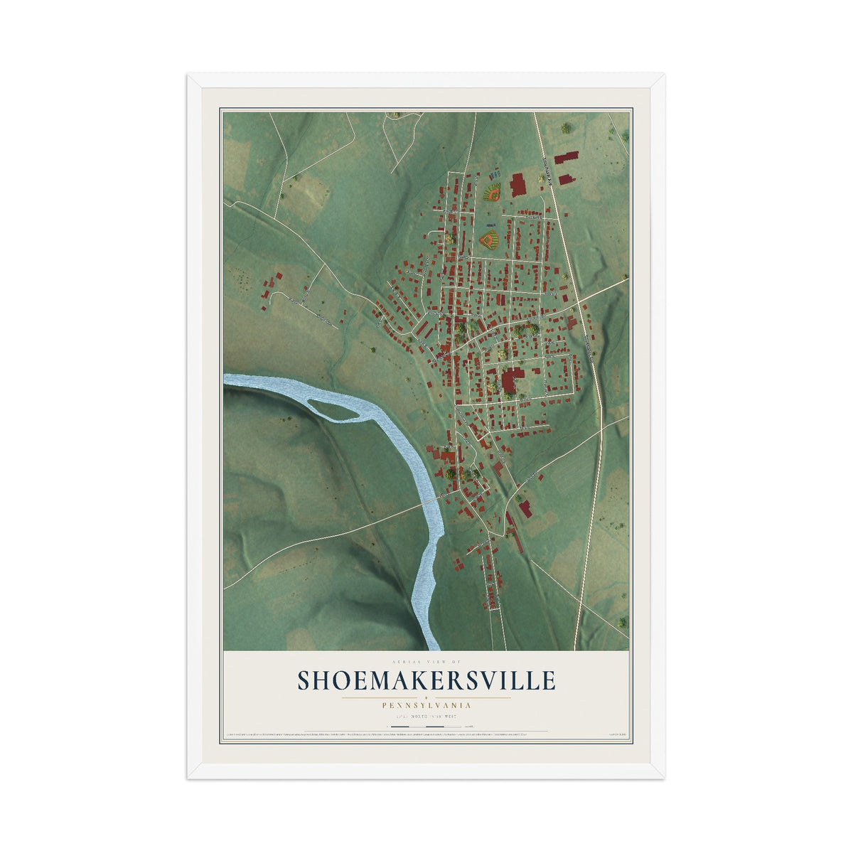 Map of Shoemakersville, Pennsylvania, 12 x 18 inch print in a white wood frame