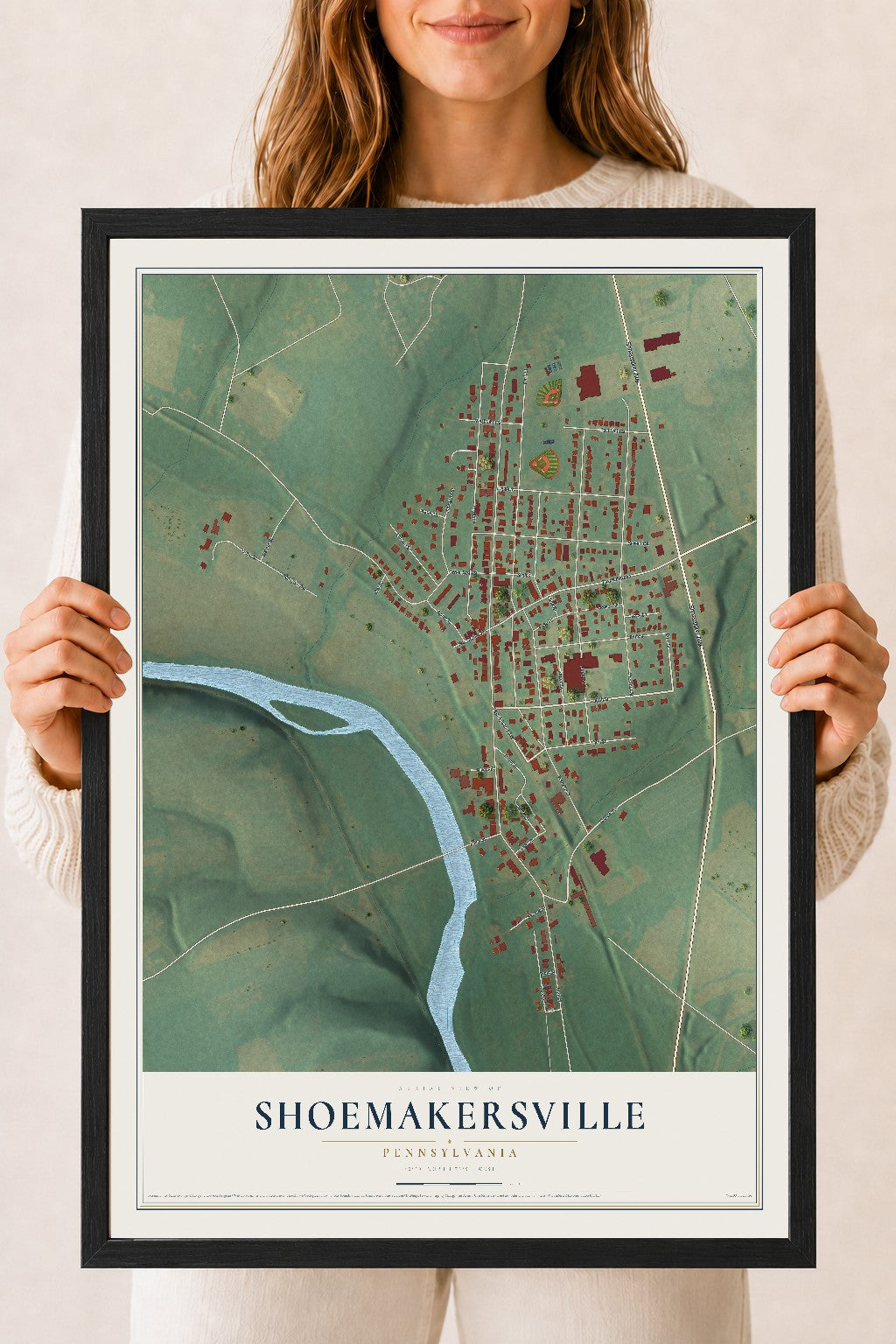 Map of Shoemakersville, Pennsylvania, 18 x 24 inch print in a black wood frame