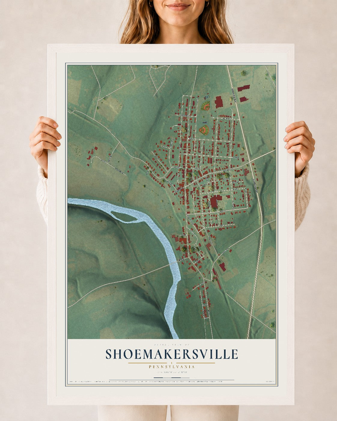Map of Shoemakersville, Pennsylvania, 24 x 36 inch print in a white wood frame