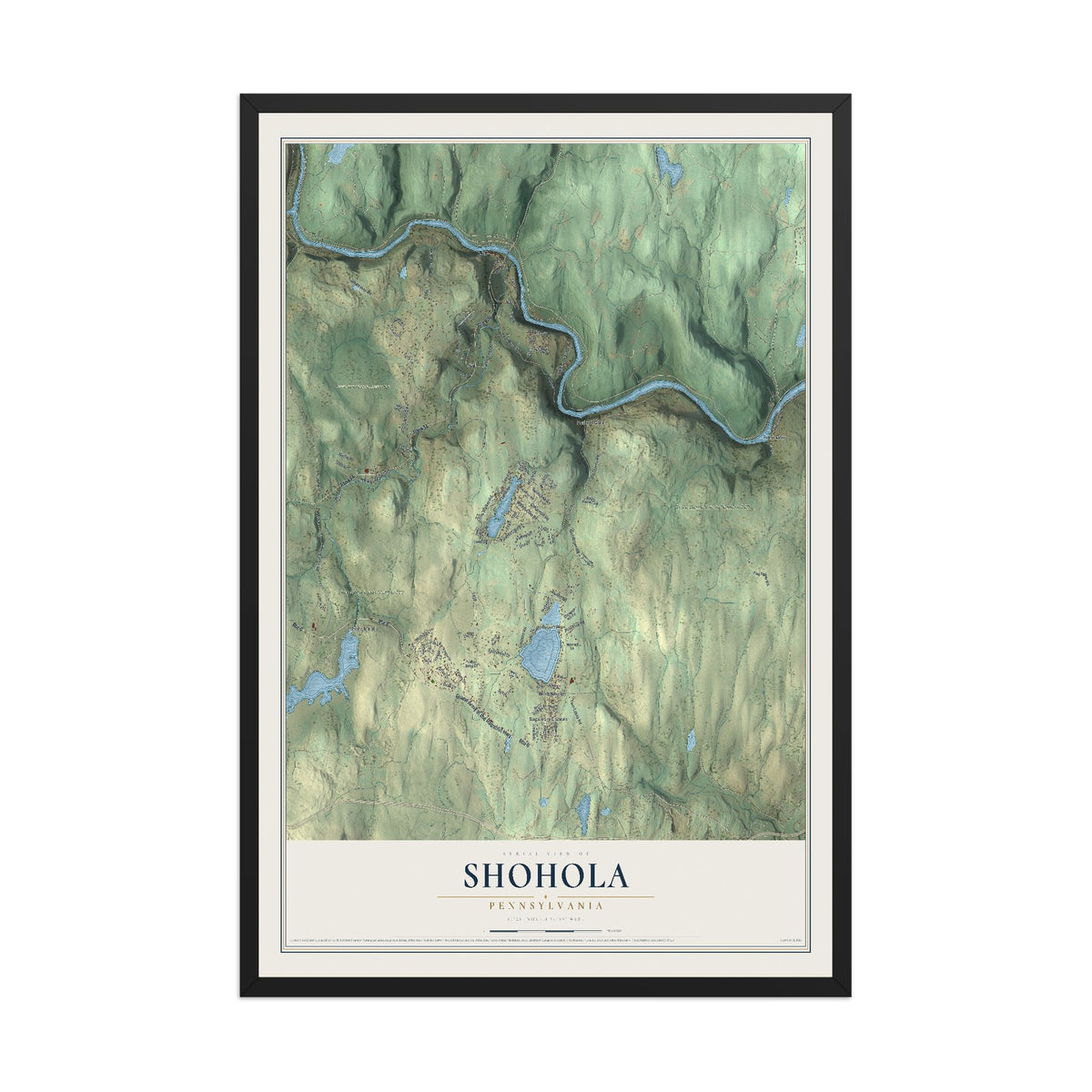 Map of Shohola, Pennsylvania, 12 x 18 inch print in a black wood frame