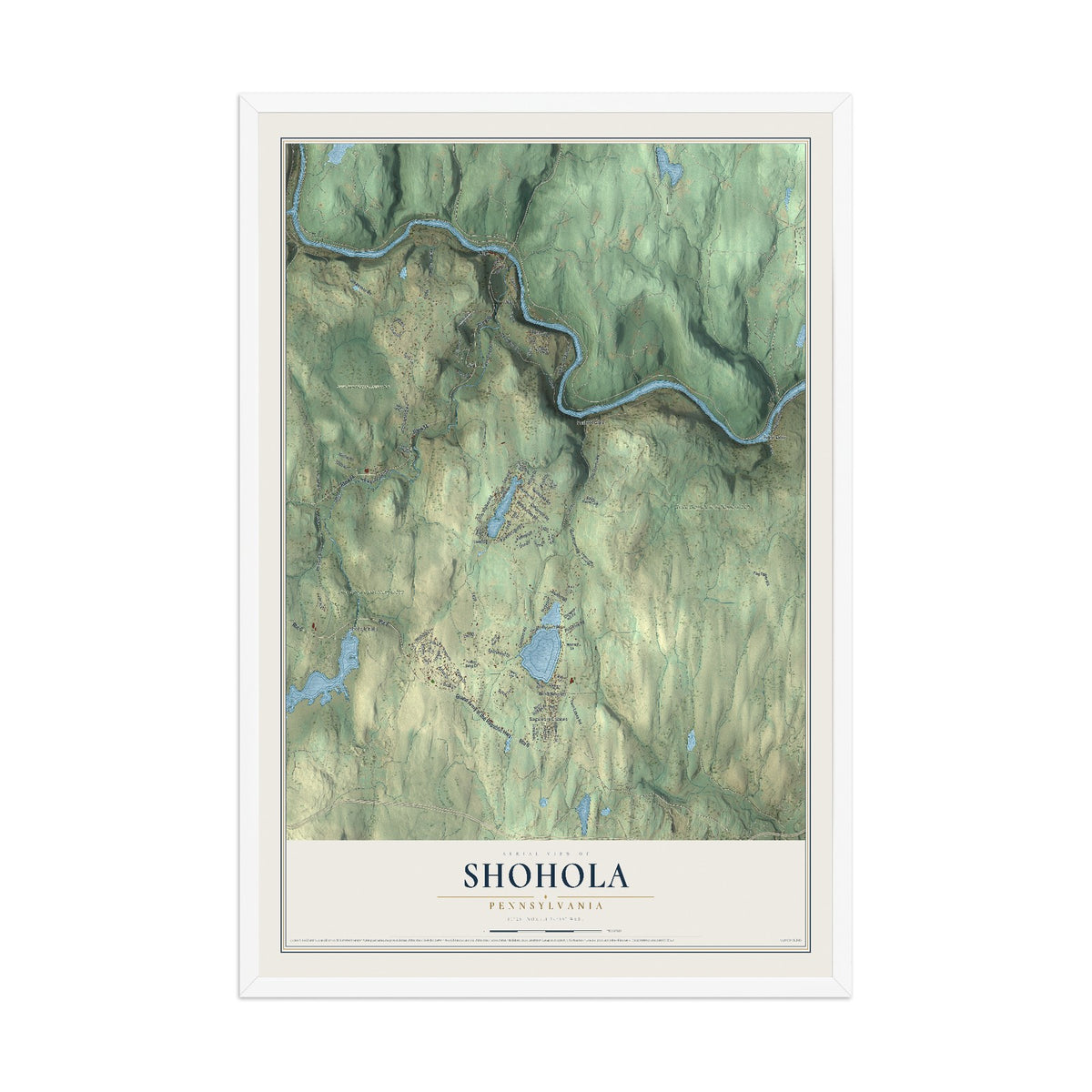 Map of Shohola, Pennsylvania, 12 x 18 inch print in a white wood frame
