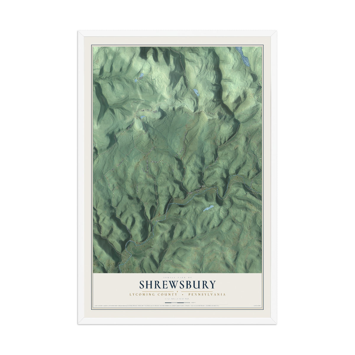 Map of Shrewsbury, Lycoming County, Pennsylvania, 12 x 18 inch print in a white wood frame