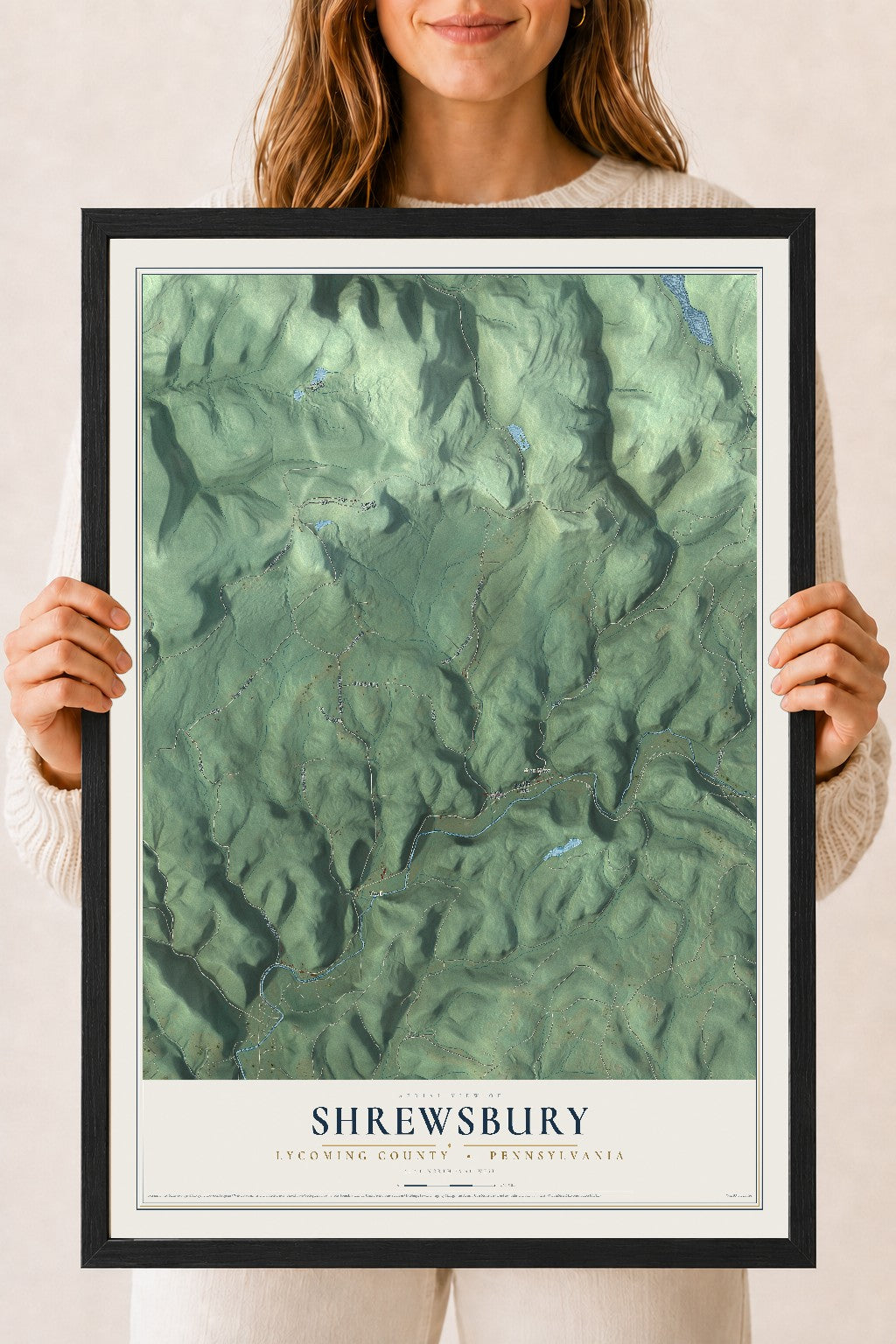 Map of Shrewsbury, Lycoming County, Pennsylvania, 18 x 24 inch print in a black wood frame