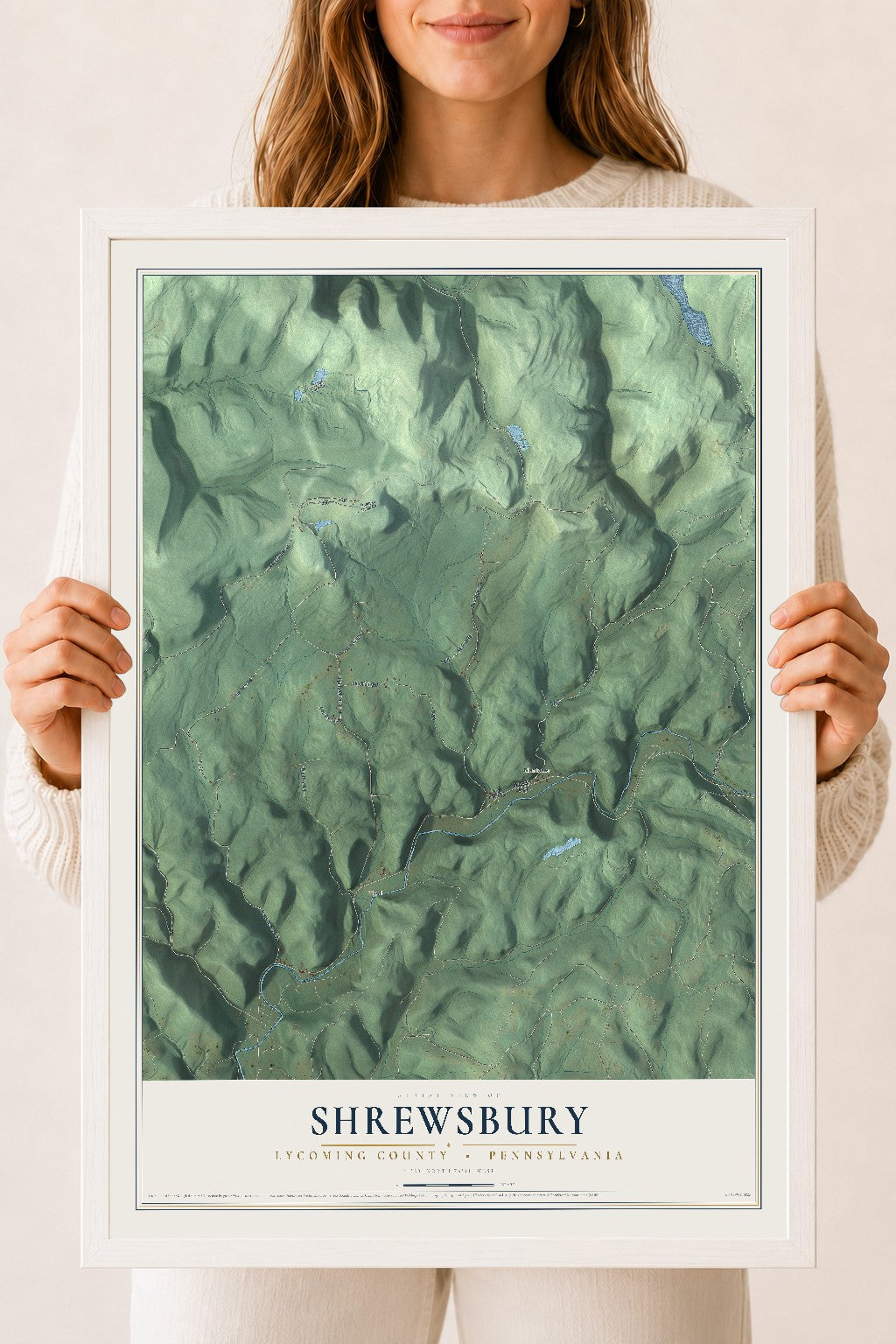 Map of Shrewsbury, Lycoming County, Pennsylvania, 18 x 24 inch print in a white wood frame