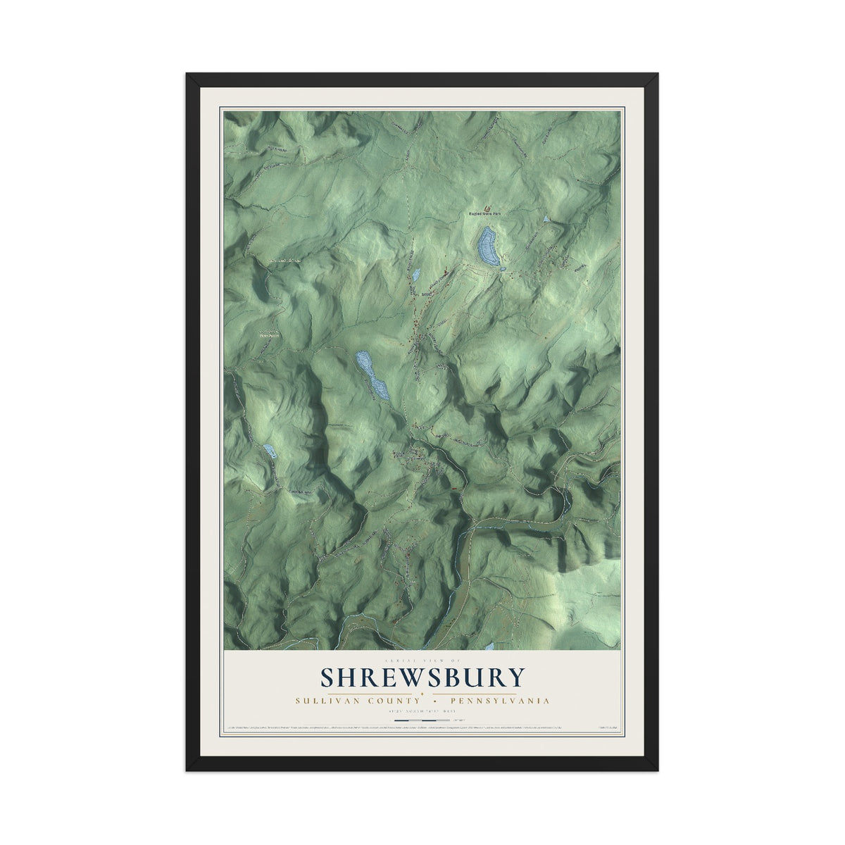 Map of Shrewsbury, Sullivan County, Pennsylvania, 12 x 18 inch print in a black wood frame