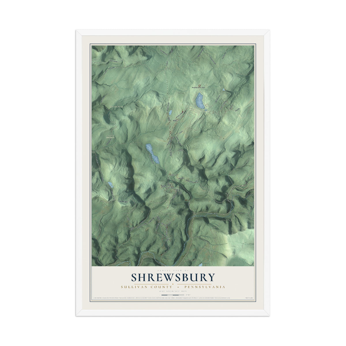 Map of Shrewsbury, Sullivan County, Pennsylvania, 12 x 18 inch print in a white wood frame