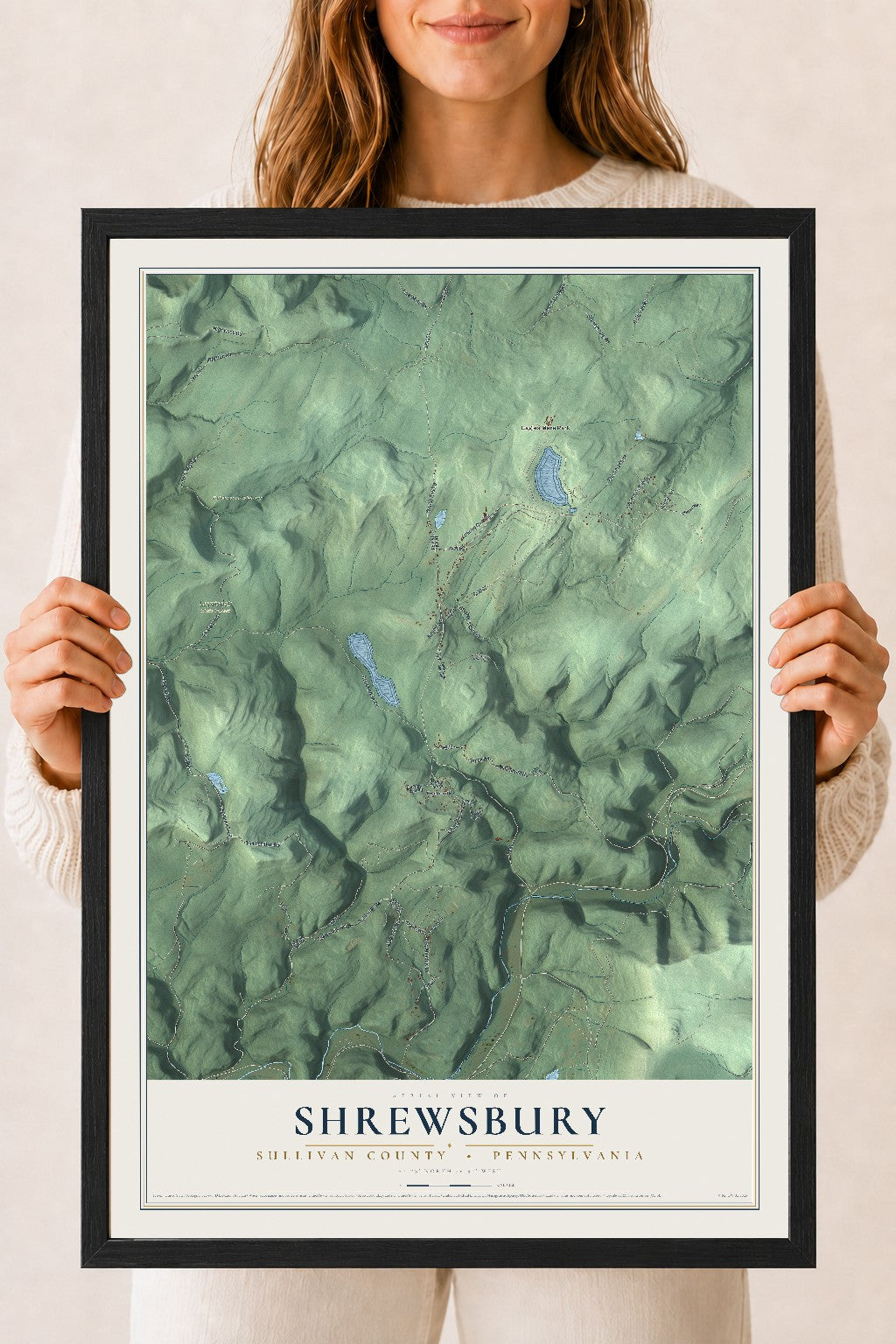 Map of Shrewsbury, Sullivan County, Pennsylvania, 18 x 24 inch print in a black wood frame
